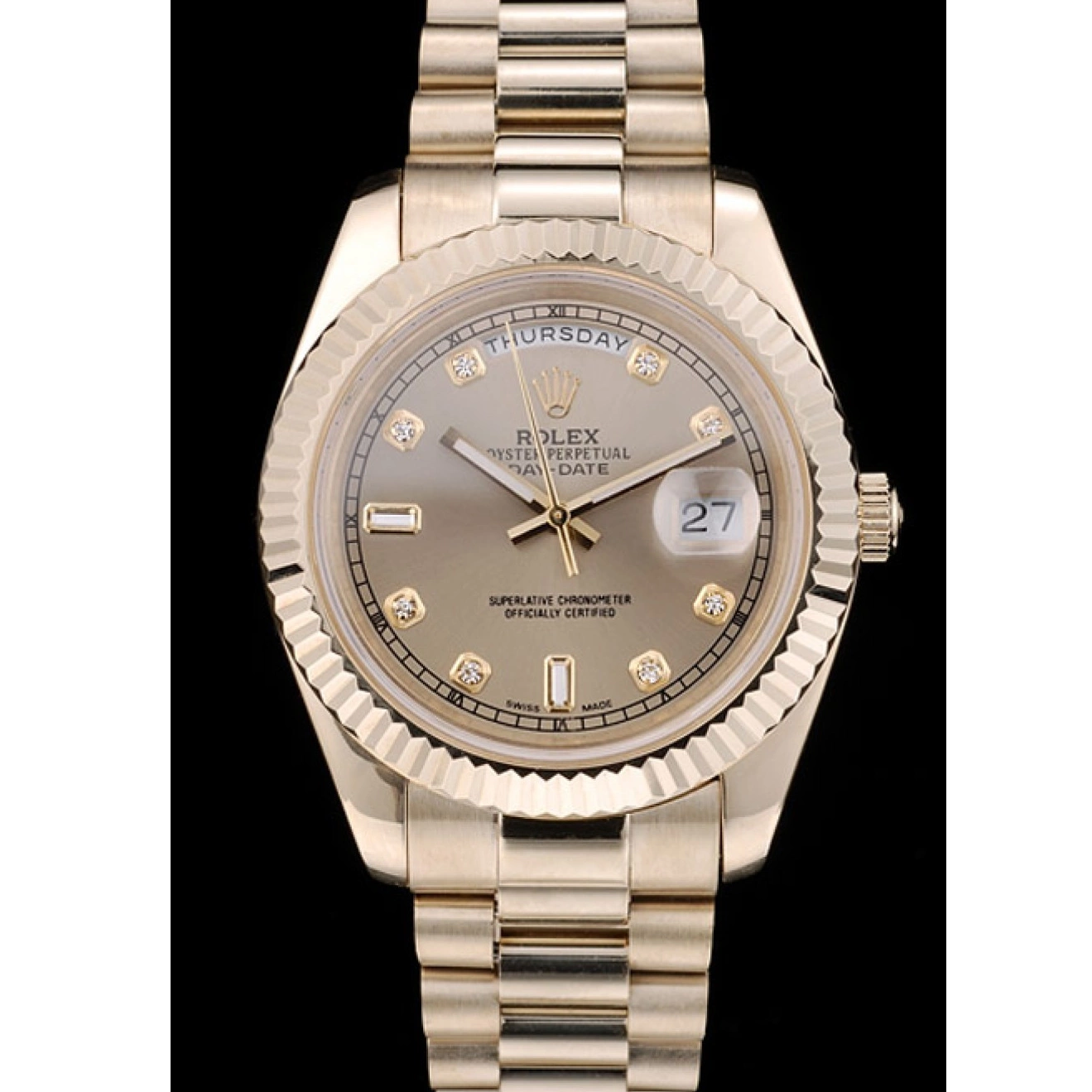 Aaa fake watches Rolex 41979 Ribbed Gold Goldish Bezel Stainless Steel Dial DayDate 0806